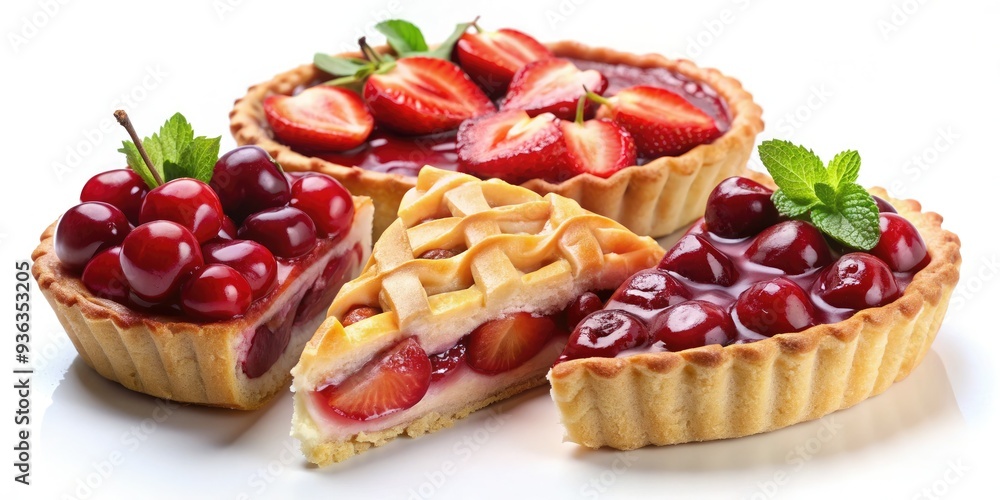 Assorted slices of fruit pies, including apple, cherry, and strawberry, showcase diverse flavors of pastry isolated on a clean white background, perfect for culinary themes. Assorted slices of fruit pies, including apple, cherry, and strawberry, showcase diverse flavors of pastry isolated on a clean white background, perfect for culinary themes.