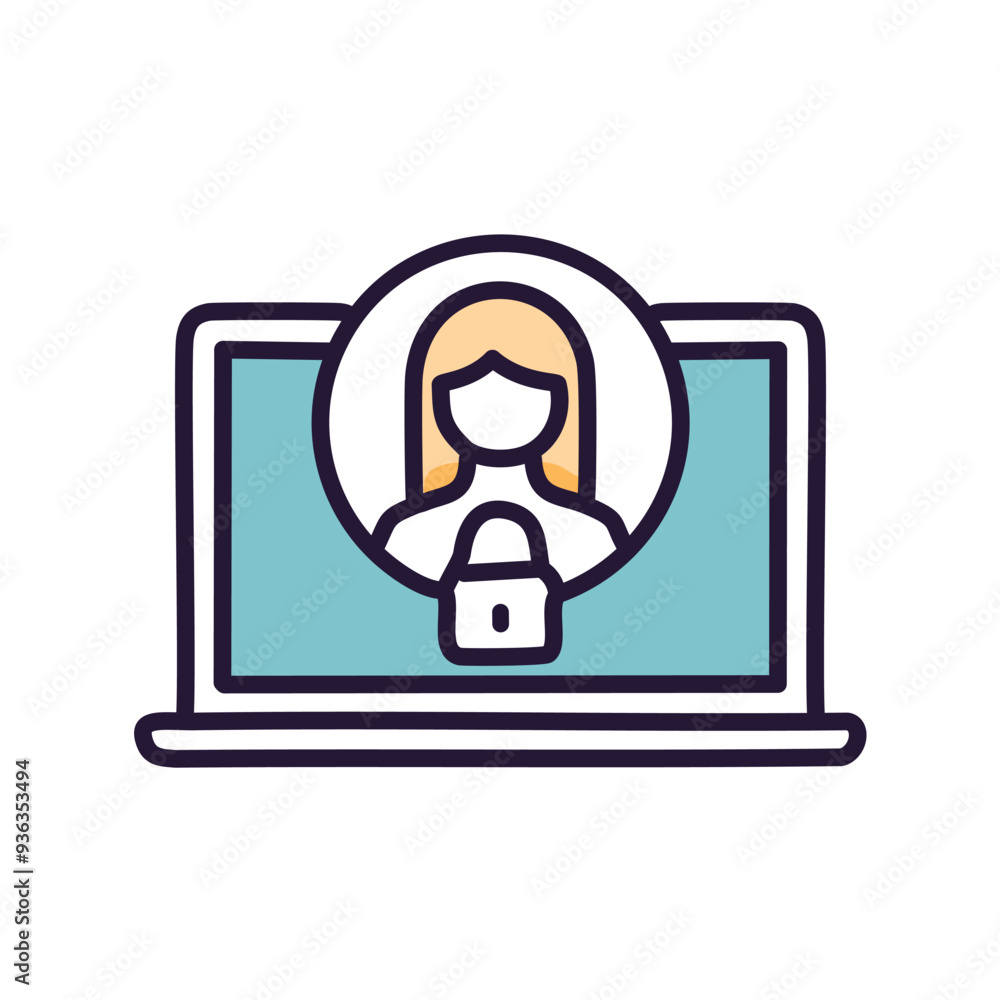 Secured user account on laptop. A cartoon laptop displaying a user icon and a padlock, representing secure online account access. Secured user account on laptop. A cartoon laptop displaying a user icon and a padlock, representing secure online account access.