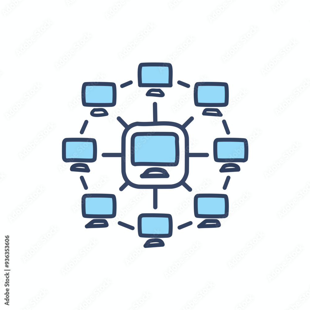 Connected computers network illustration. Hand-drawn illustration of a network of computers connected together, representing collaboration, communication, and data sharing. Connected computers network illustration. Hand-drawn illustration of a network of computers connected together, representing collaboration, communication, and data sharing.