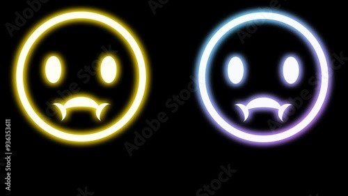 vomiting emoji in bright neon light on black background.