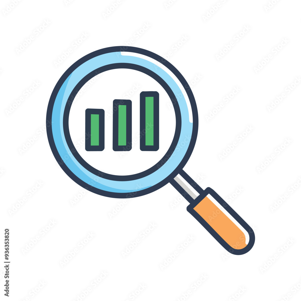 Magnifying glass analyzing growth chart. Icon of a magnifying glass inspecting a bar chart, indicating progress and analysis. Magnifying glass analyzing growth chart. Icon of a magnifying glass inspecting a bar chart, indicating progress and analysis.
