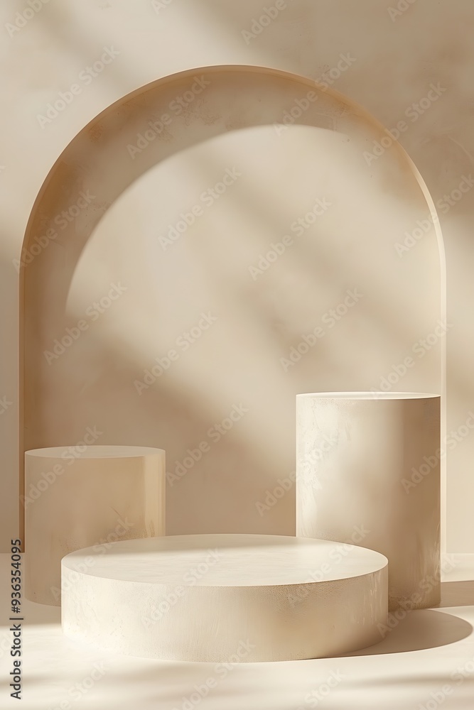 A beige background features two round and straight podiums designed for product display. A beige background features two round and straight podiums designed for product display.