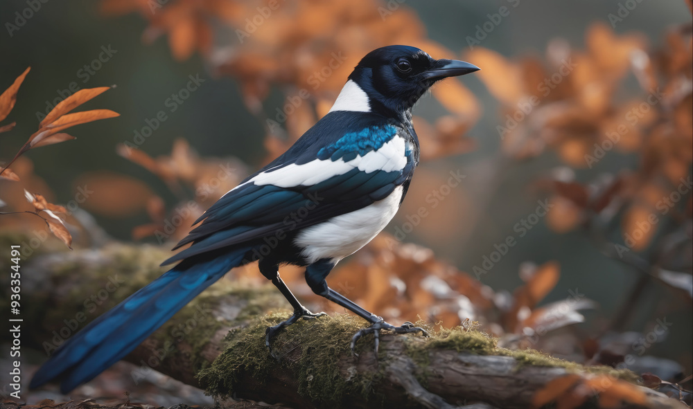 Obraz premium A black-billed magpie perches on a branch in a forest