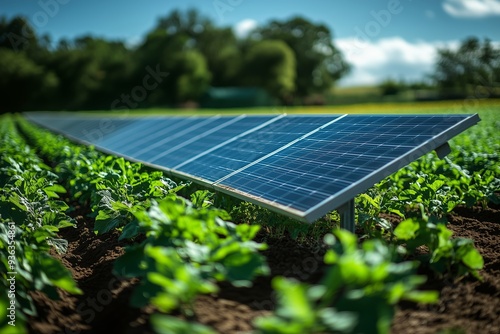 Solar panels installed in a vibrant green field during a sunny afternoon