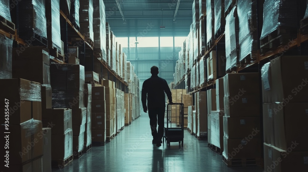 Warehouse Scene: Man with Trolley and Boxes for Supply Chain Warehouse Scene: Man with Trolley and Boxes for Supply Chain