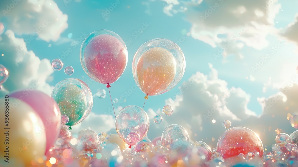 Blue sky and clouds behind a group of drifting balloons in the air Blue sky and clouds behind a group of drifting balloons in the air