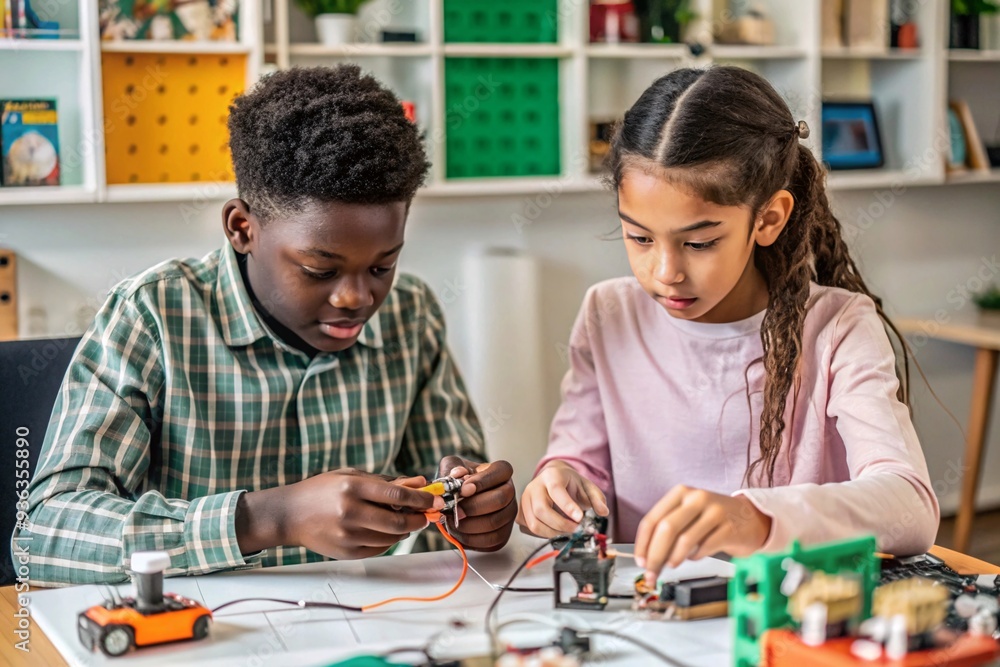 Young Students Engaging in Robotics Workshop. In a vibrant classroom setting, a focused young boy assembles a robot with his peers, showcasing teamwork and curiosity in a STEM learning environment. Young Students Engaging in Robotics Workshop. In a vibrant classroom setting, a focused young boy assembles a robot with his peers, showcasing teamwork and curiosity in a STEM learning environment.