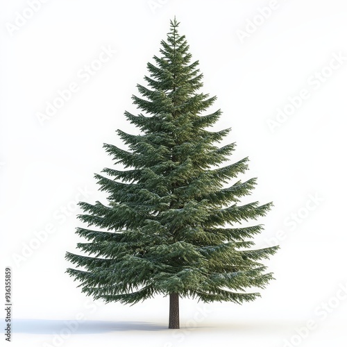 A tall, green pine tree stands alone on a white background