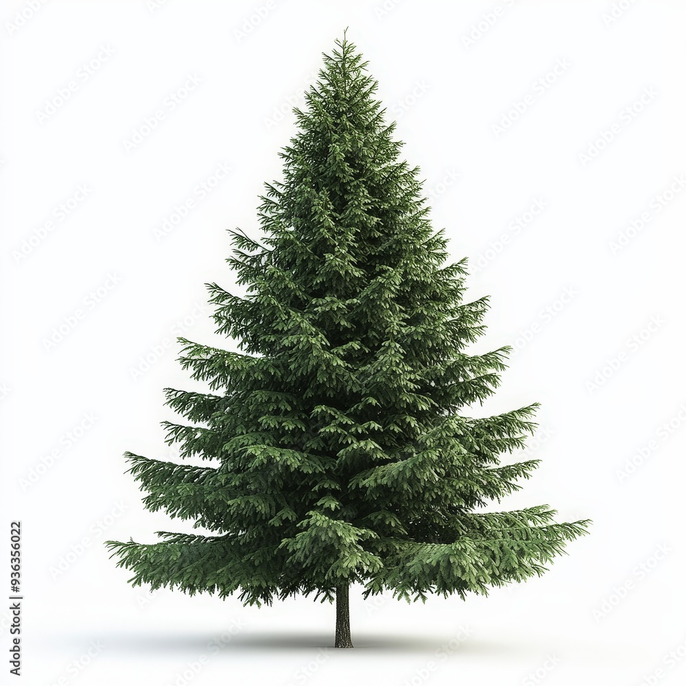 Obraz premium A tall, green pine tree stands alone on a white background
