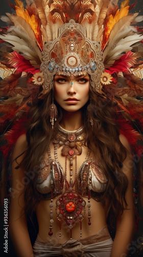 A stunning bohemian woman adorned with an elaborate feathered headdress and intricate jewelry. Her outfit features ornate designs and vibrant colors.