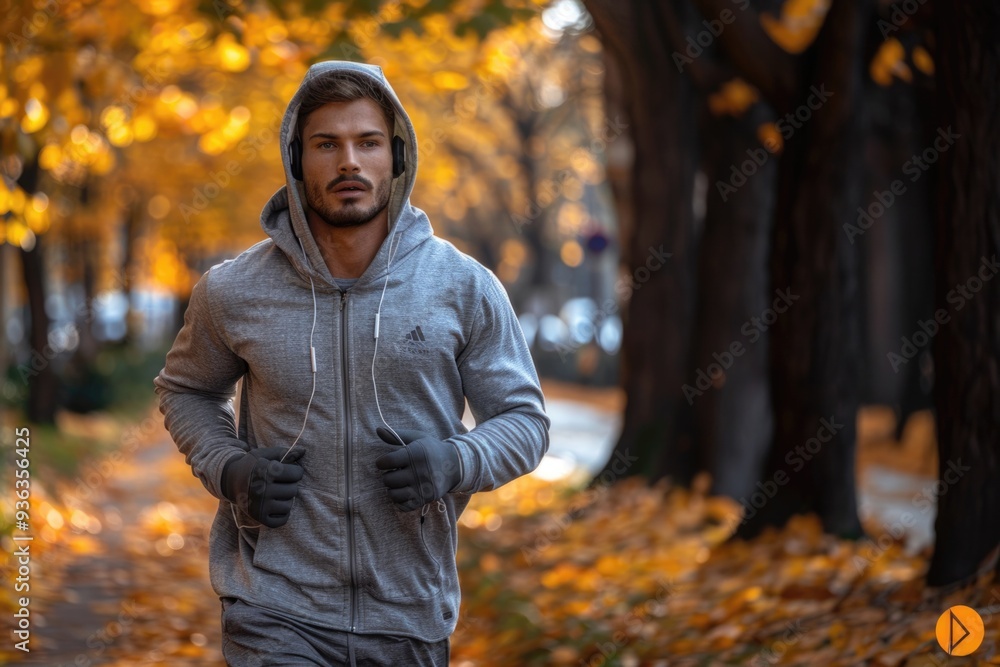 A man is running in a park with a hood on his head A man is running in a park with a hood on his head