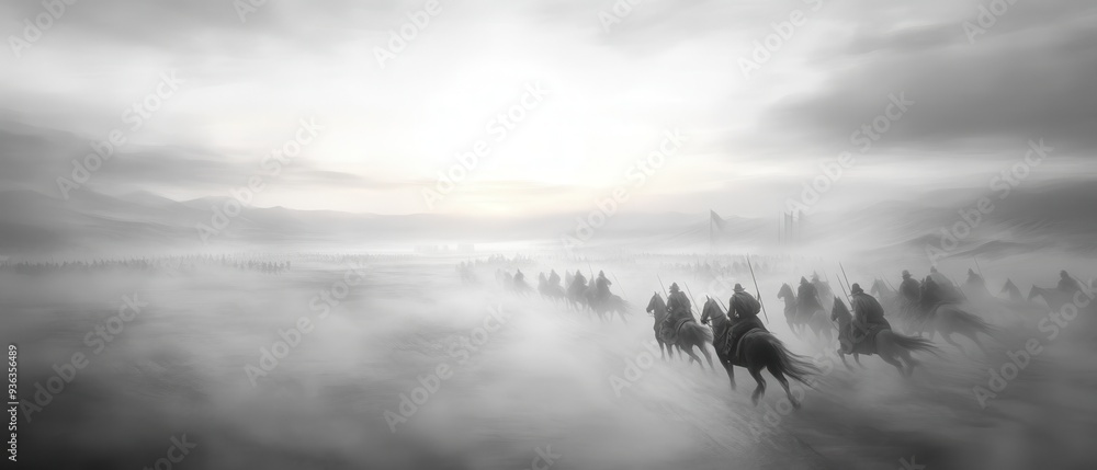 A group of people riding horses in a foggy, misty landscape A group of people riding horses in a foggy, misty landscape