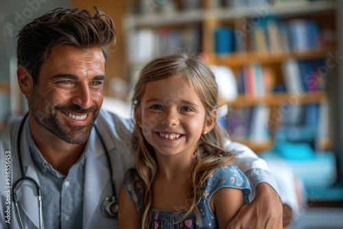 A young girl is smiling at a man who is wearing a white coat photo