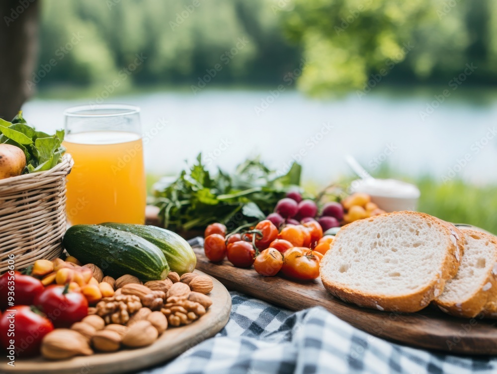 A serene lakeside picnic with fresh vegetables, nuts, and a calming drink, representing relaxation through healthy eating. A serene lakeside picnic with fresh vegetables, nuts, and a calming drink, representing relaxation through healthy eating.