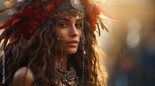 A young bohemian woman with long, curly hair adorned with a colorful feather headdress and layered necklaces, set against a warm, glowing background. 