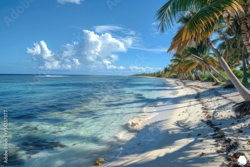 Fototapeta Naklejka Na Ścianę i Meble -  A beautiful beach with palm trees and a clear blue ocean