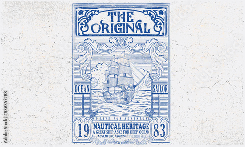 Navy stamp design. Vintage ship hand sketch for apparel, stickers, posters and background. Sailboat in the sea, Sea captain. Summer adventure artwork.