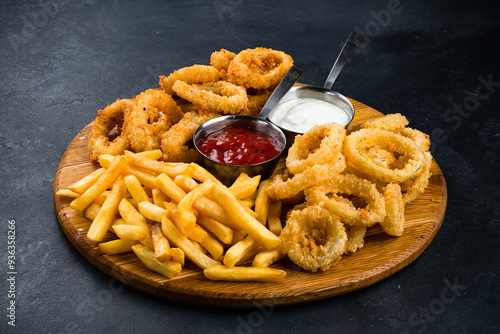 Obraz na płótnie Set of fried onion rings, breaded squid rings, French fries and sauces on a wooden board. w salonie