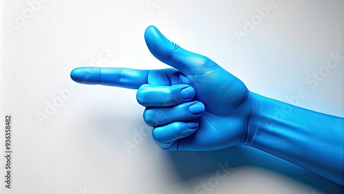 A stylized, bold, and bright blue hand with the index finger extended, pointing towards a blank space, surrounded by subtle gradient effects and white background. photo