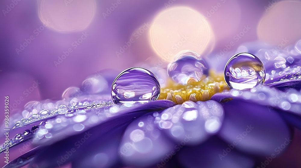 Close-up of a purple flower with water droplets on petals and soft bokeh in the background Close-up of a purple flower with water droplets on petals and soft bokeh in the background