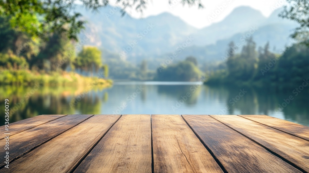 A wooden table set against a blurred lake and park backdrop provides ample copy space for showcasing an advertisement alongside the serene lake and majestic mountains A wooden table set against a blurred lake and park backdrop provides ample copy space for showcasing an advertisement alongside the serene lake and majestic mountains