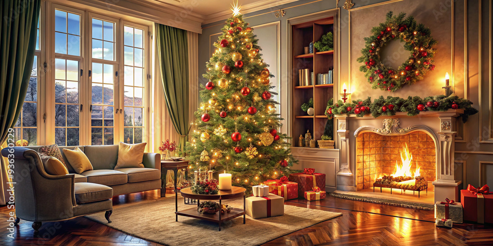 Bright cozy living room with a large elegant Christmas tree, decorated for Christmas Bright cozy living room with a large elegant Christmas tree, decorated for Christmas
