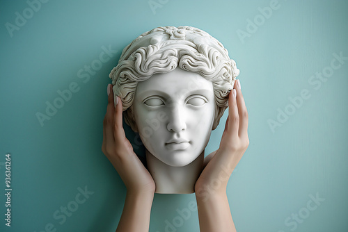 Woman holding Greek goddess head on pastel background. Beauty standards, plastic surgery concept. Timeless beauty, transformations, beauty clinic advertisement. Facial treatment, injections.