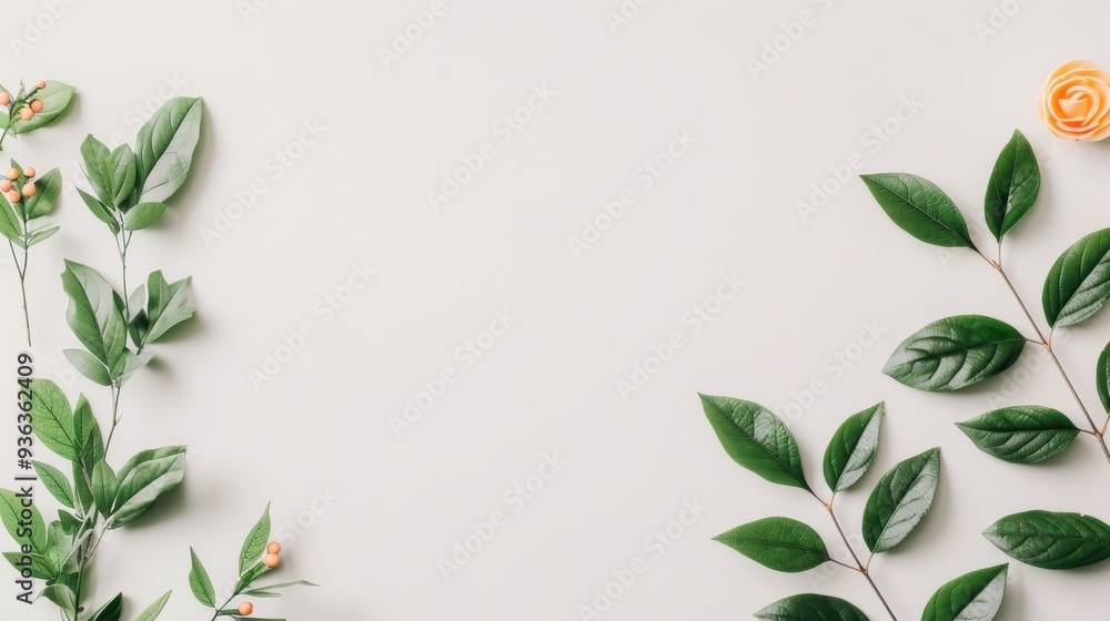 A simple and sophisticated composition featuring a white background with a decorative foliage border, providing plenty of space for adding text or graphics. A simple and sophisticated composition featuring a white background with a decorative foliage border, providing plenty of space for adding text or graphics.