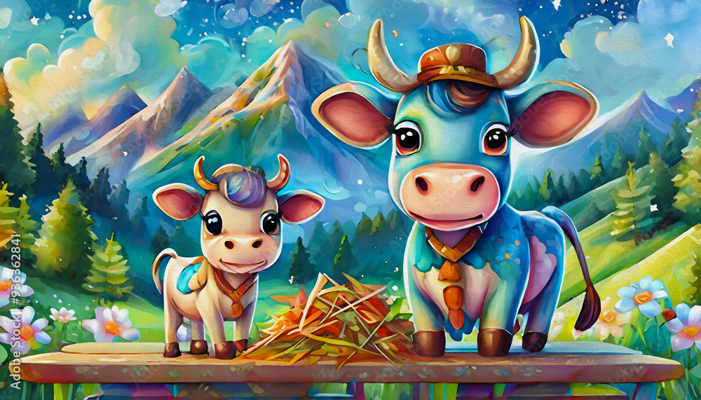 Fototapeta premium OIL PAINTING STYLE Cartoon character Milk with hay on wooden table and cute cow grazing in meadow