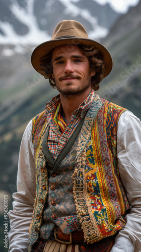 Portrait of Handsome Andora Man in Traditional Costume against Urban Mountain Background, Highlighting Cultural Heritage and Modern Contrast photo