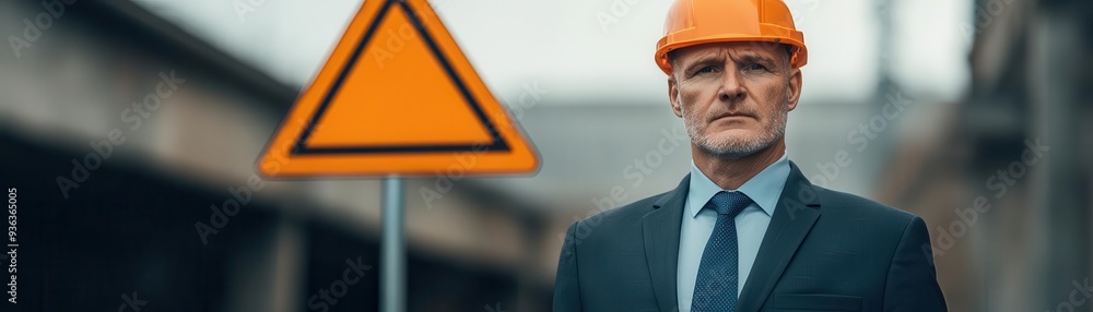 Manager closely examining a safety sign, close-up shot, manager, development, safety, awareness, hazard prevention Manager closely examining a safety sign, close-up shot, manager, development, safety, awareness, hazard prevention