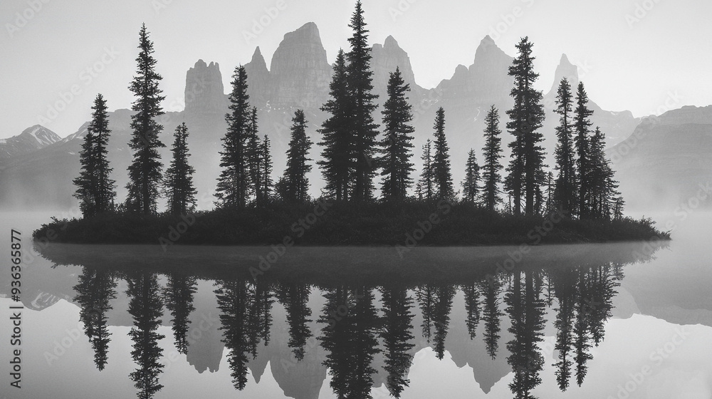 A monochrome image of a tiny island surrounded by water, featuring tree coverage A monochrome image of a tiny island surrounded by water, featuring tree coverage