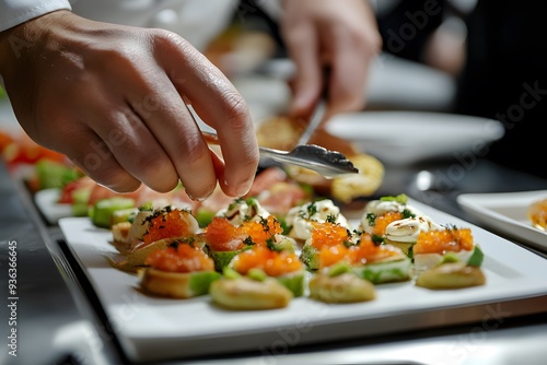 a chef's hands meticulously plating a dish, arranging ingredients with precision and artistic flair, showcasing the culinary artistry of haute cuisine