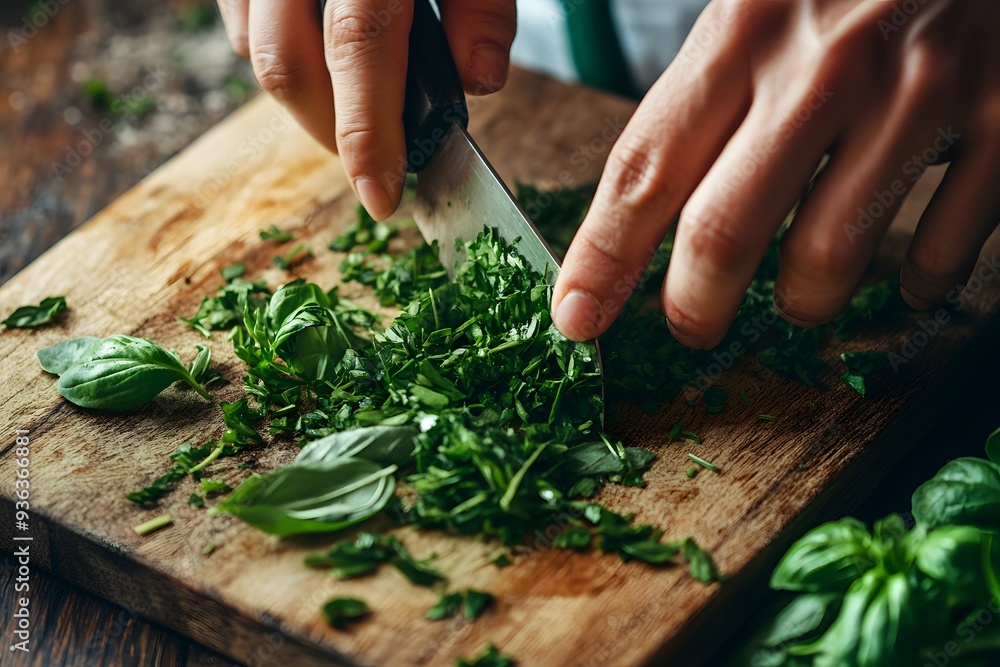 a person chopping fresh herbs on a wooden cutting board, with vibrant green leaves scattered a person chopping fresh herbs on a wooden cutting board, with vibrant green leaves scattered