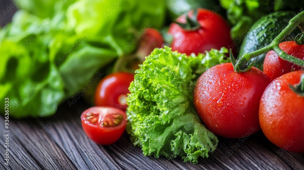 A vibrant assortment of fresh vegetables, including tomatoes and leafy greens, arranged on a wooden surface. A vibrant assortment of fresh vegetables, including tomatoes and leafy greens, arranged on a wooden surface.
