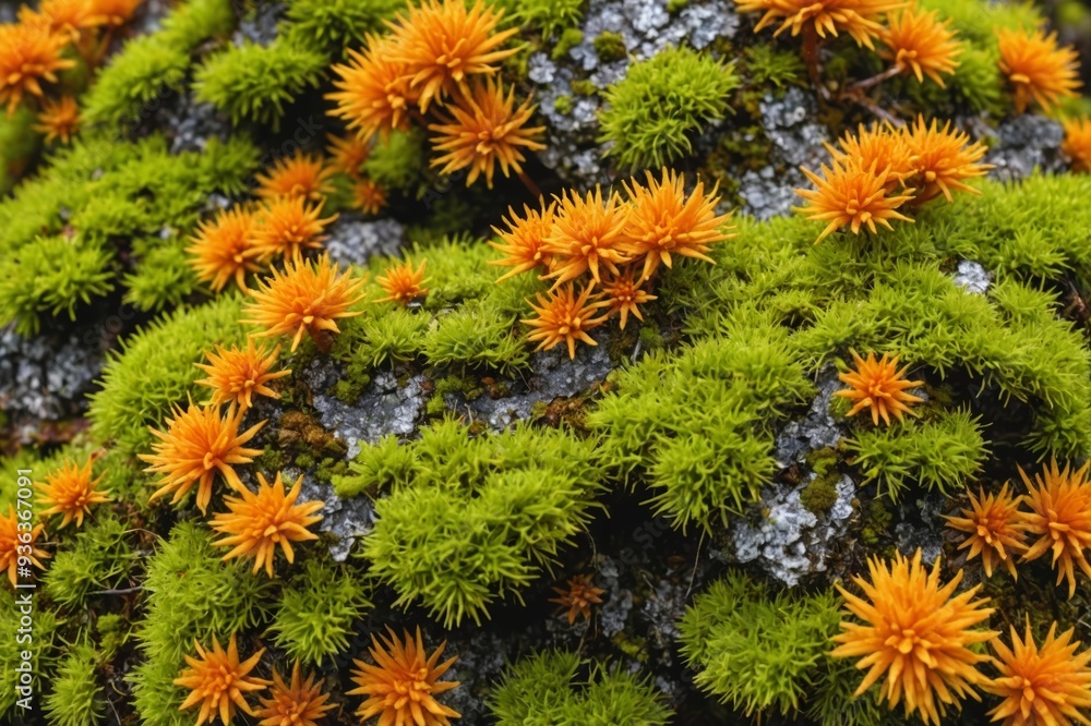 Beautiful nature patterns of colored mosses and lichens, natural texture background, Close-up surface covered with yellow orange color moss, macro short, top view photo micro plants natural background Beautiful nature patterns of colored mosses and lichens, natural texture background, Close-up surface covered with yellow orange color moss, macro short, top view photo micro plants natural background