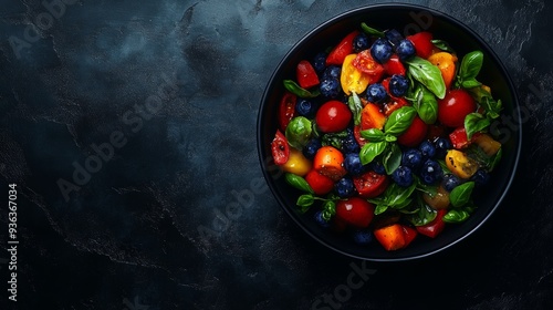 A vibrant bowl of fresh salad featuring tomatoes, blueberries, and basil, highlighting healthy eating.