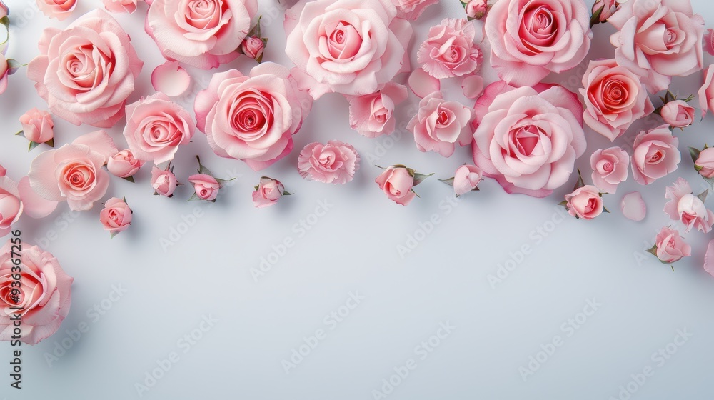 A border of pink roses, meticulously arranged in a minimalist fashion to create a frame that exudes elegance and charm. The design offers plenty of copy space for customization. A border of pink roses, meticulously arranged in a minimalist fashion to create a frame that exudes elegance and charm. The design offers plenty of copy space for customization.