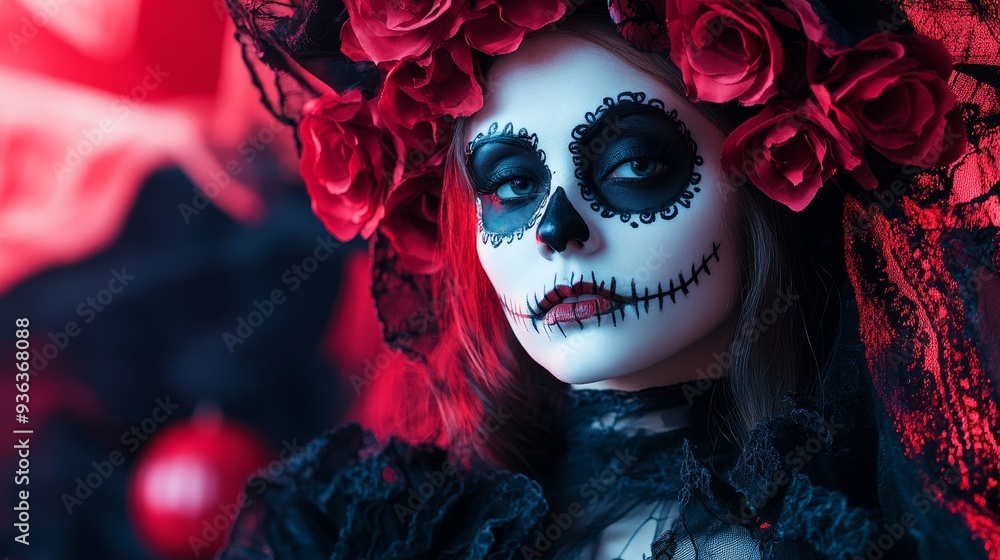 A woman with a skull makeup design and floral headdress, embodying a festive and artistic aesthetic. A woman with a skull makeup design and floral headdress, embodying a festive and artistic aesthetic.