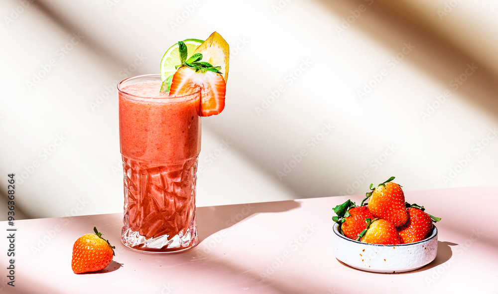 Φωτογραφία Non-alcoholic mocktail drink with strawberry, banana, syrup, peach juice, lemon and ice in glass