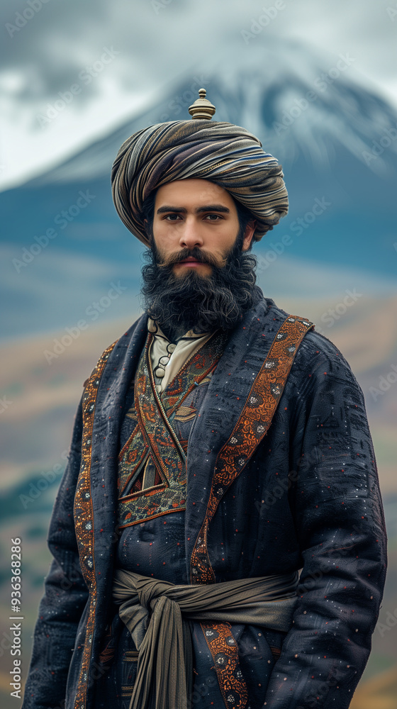 Portrait of Handsome Armenian Man in Traditional Formal Taraz Costume with Urban Mountain Background, Highlighting Cultural Heritage and Modern Contrast Portrait of Handsome Armenian Man in Traditional Formal Taraz Costume with Urban Mountain Background, Highlighting Cultural Heritage and Modern Contrast