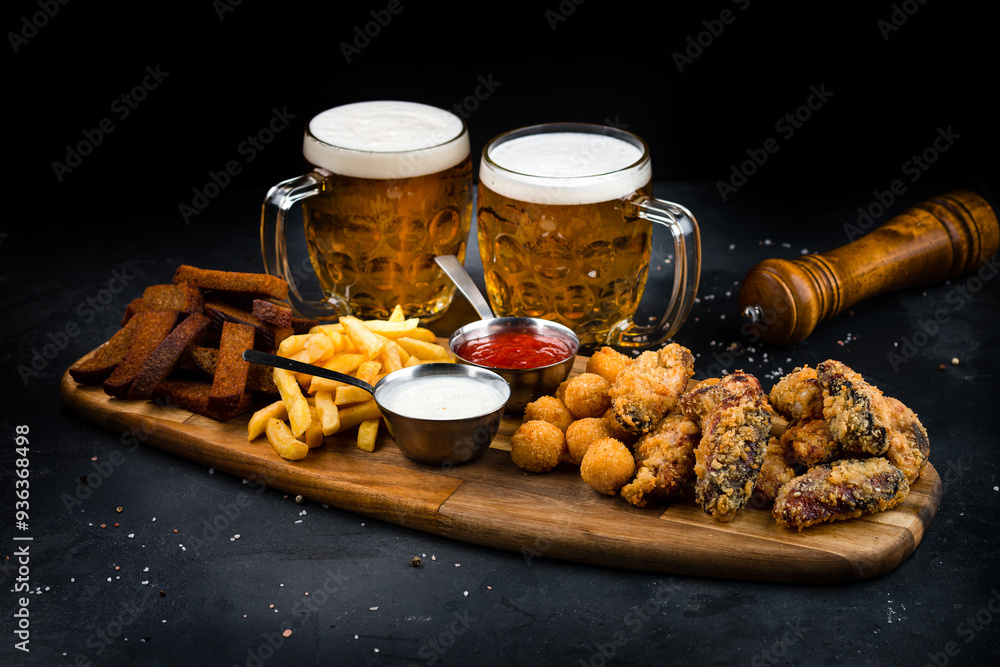 Snacks breaded mozzarella cheese balls, rye bread croutons, French fries, fried meat and sauces with two glasses of beer on a dark background.