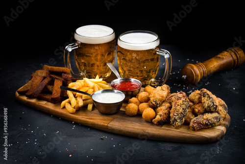 Snacks breaded mozzarella cheese balls, rye bread croutons, French fries, fried meat and sauces with two glasses of beer on a dark background.