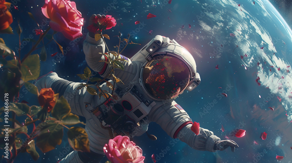 Astronaut floating in space among roses with Earth in the background, symbolizing beauty and exploration beyond our planet. Astronaut floating in space among roses with Earth in the background, symbolizing beauty and exploration beyond our planet.