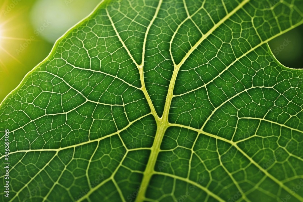 Φωτογραφία Macro photo, detailed green chlorophyll and veins of a leaf contrasted by the su