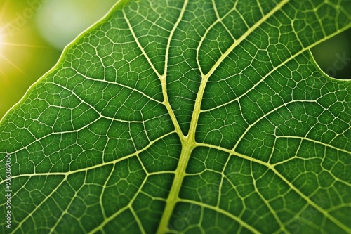 Macro photo, detailed green chlorophyll and veins of a leaf contrasted by the summer sun, horizontal photo