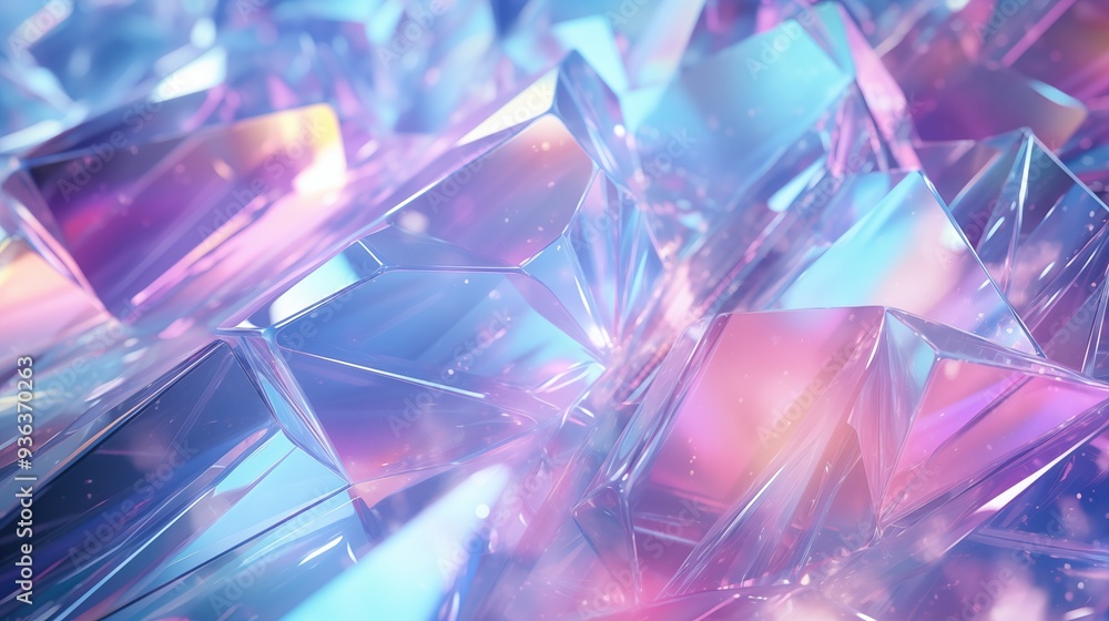 A close-up view of colorful, translucent crystals with a blend of pink, blue, and purple hues, reflecting light and creating a sparkling effect. Holographic background. A close-up view of colorful, translucent crystals with a blend of pink, blue, and purple hues, reflecting light and creating a sparkling effect. Holographic background.