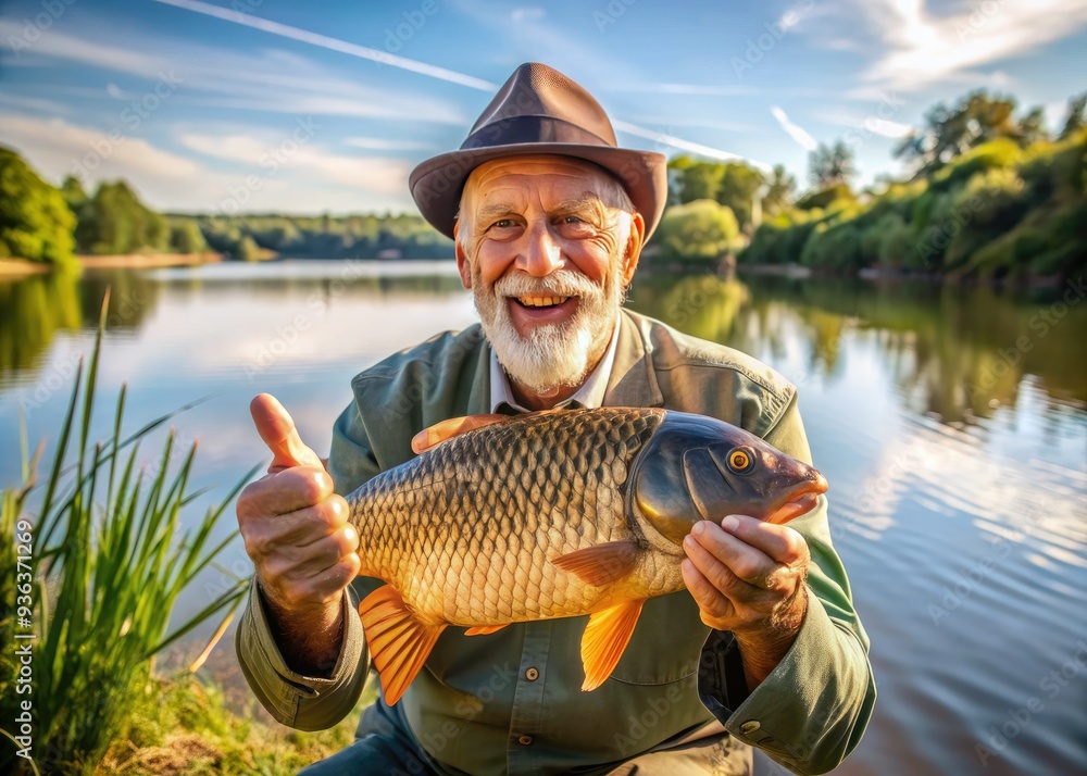 Beaming senior angler cradles prized carp catch, thumbs up in triumph, surrounded by serene lake waters and lush greenery on a sunny afternoon. Beaming senior angler cradles prized carp catch, thumbs up in triumph, surrounded by serene lake waters and lush greenery on a sunny afternoon.
