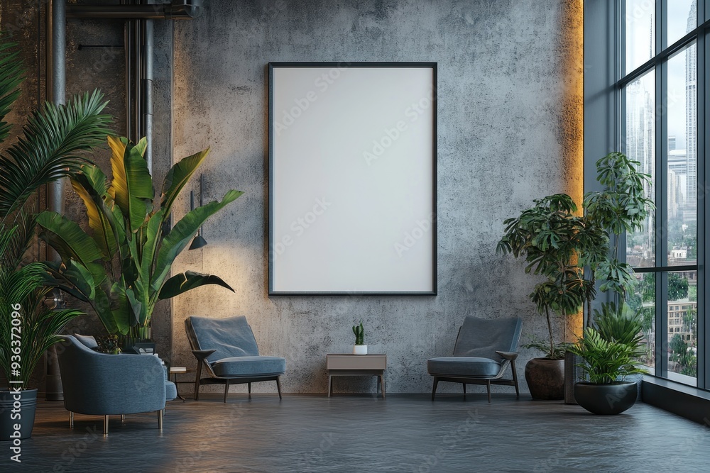 Modern Industrial Loft Interior with Empty Frame Modern Industrial Loft Interior with Empty Frame