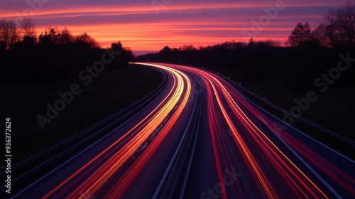 A vibrant sunset over a winding highway, showcasing light trails from moving vehicles.